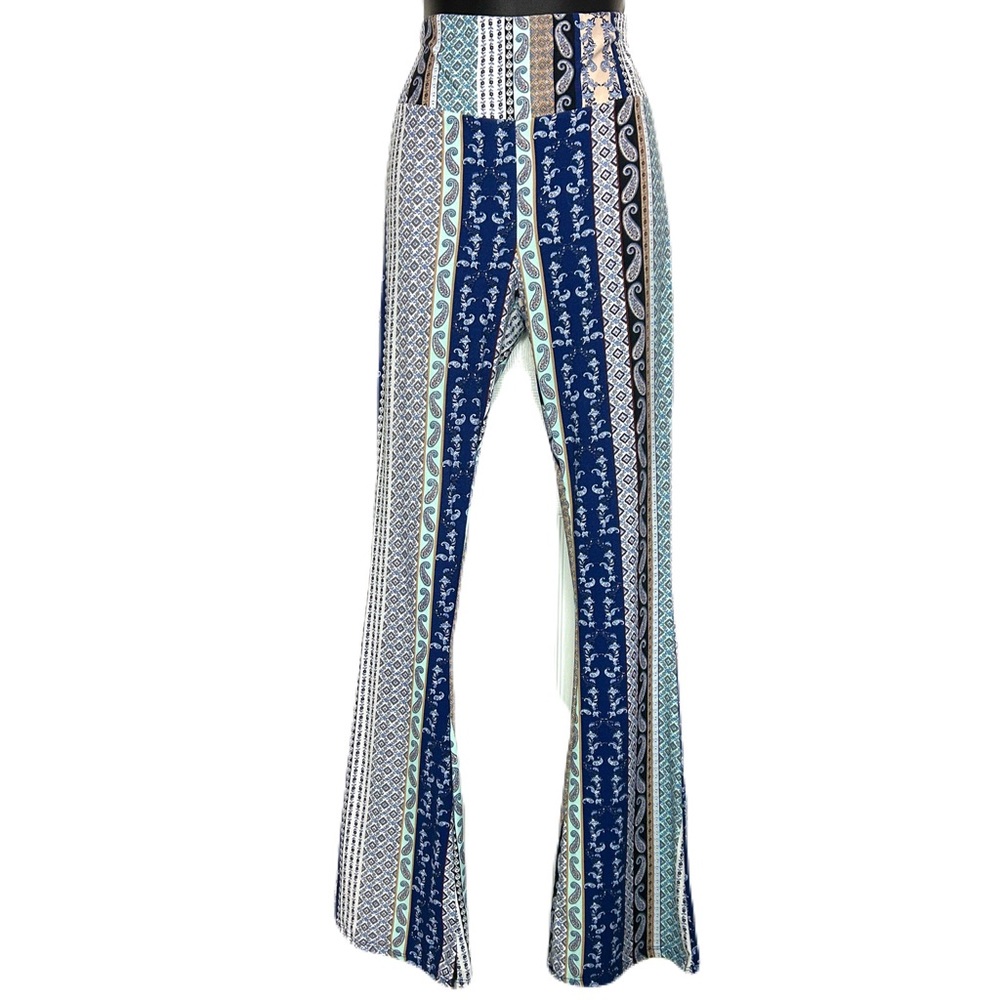 High Waisted Buttery Soft Blue Patterned Women's Flare Pants